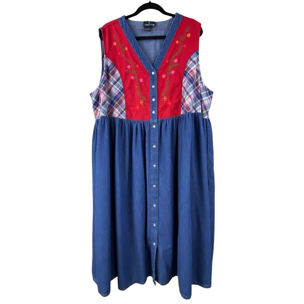 Vintage Carole Little Denim Dress Size 24W Plaid Embroidered Cottage Country